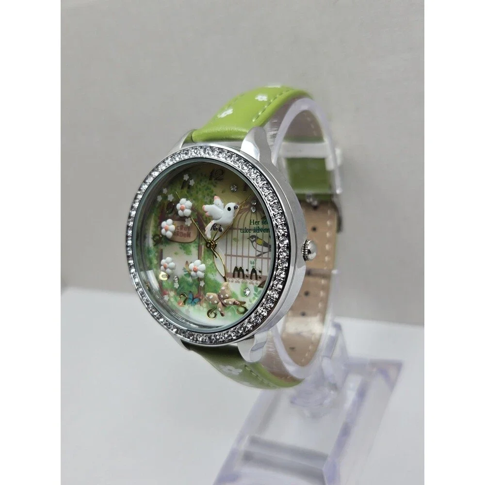 Mini Watch Womens 3D Garden Bird Flower Crystal Bezel Leather Quartz New Battery